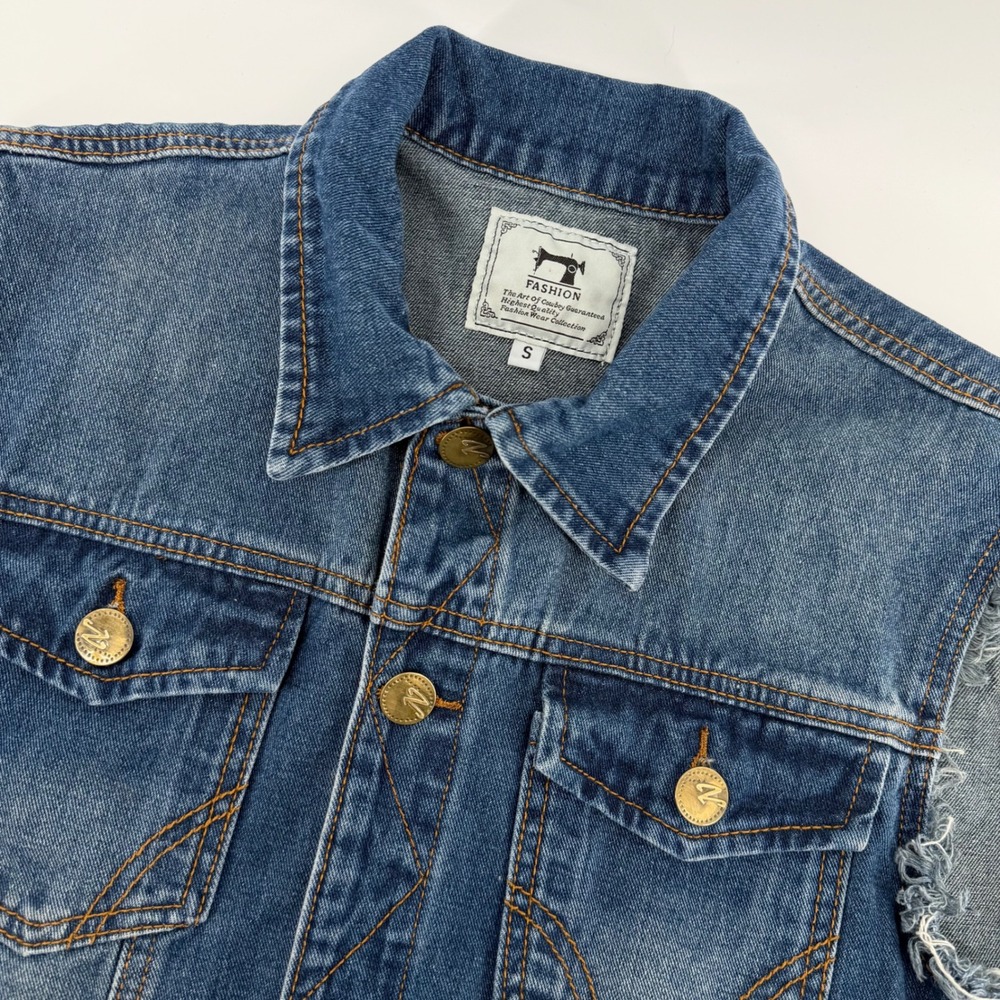 Fashion Denim Vest Mens Small Blue Distressed Frayed Sleeveless Trucker Jacket